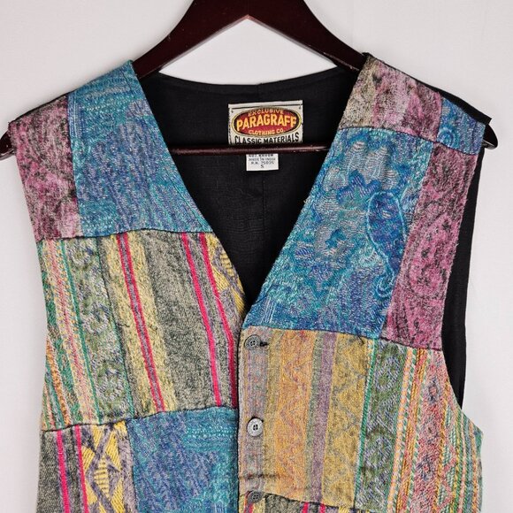 Vintage 70's Paragraff Patchwork Vest Size Medium Textured Blue Yellow - Picture 2 of 9